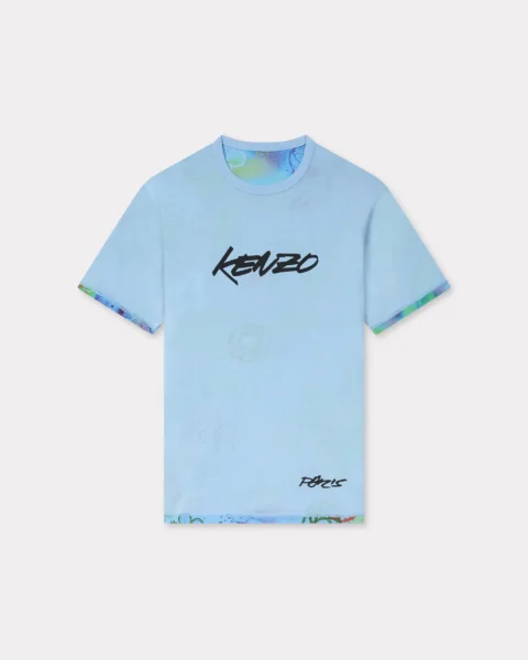 Polera Kenzo Celeste Reversible - Camiseta Doble Vista Estampado Artístico