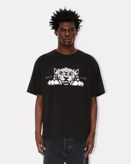 Polera Kenzo Negra de Algodón - Camiseta con Tigre Grande Delante y Detrás