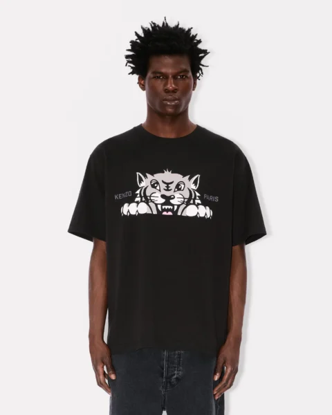 Polera Kenzo Negra de Algodón - Camiseta con Tigre Grande Delante y Detrás