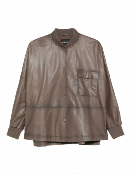 Chaqueta Cuero Taupe Emporio Armani Mujer Estilo Bomber Bolsillo Frontal