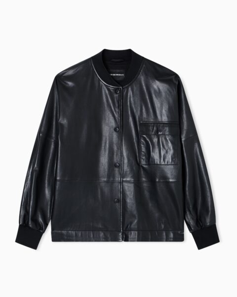 Chaqueta Cuero Negra Emporio Armani Mujer Estilo Bomber Minimalista