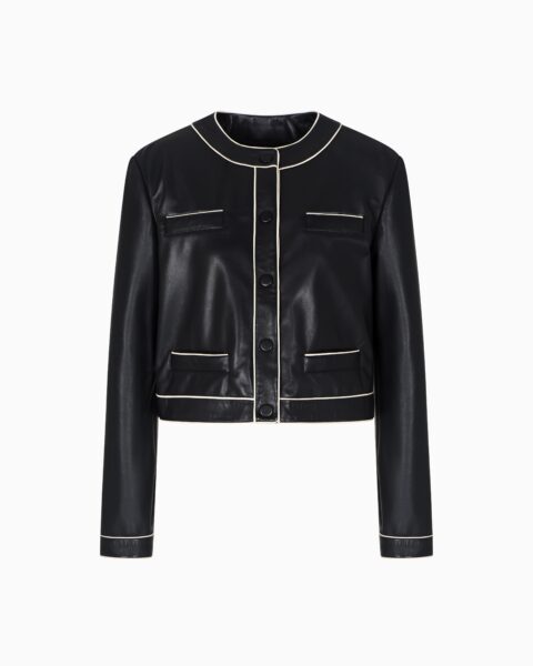 Chaqueta Negra Cuero Emporio Armani Mujer Detalles Contraste Botones