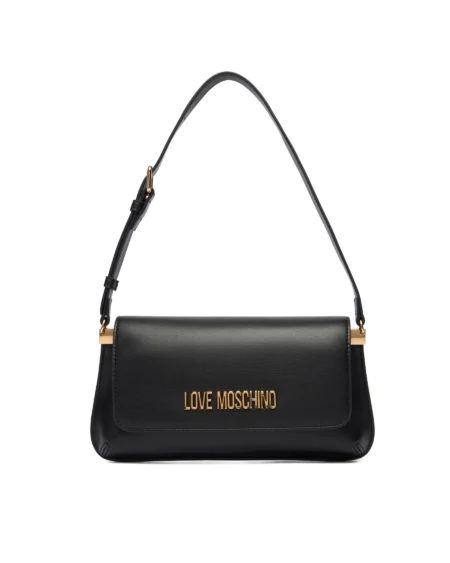 Cartera de Hombro Negra Love Moschino con Solapa y Logo Dorado
