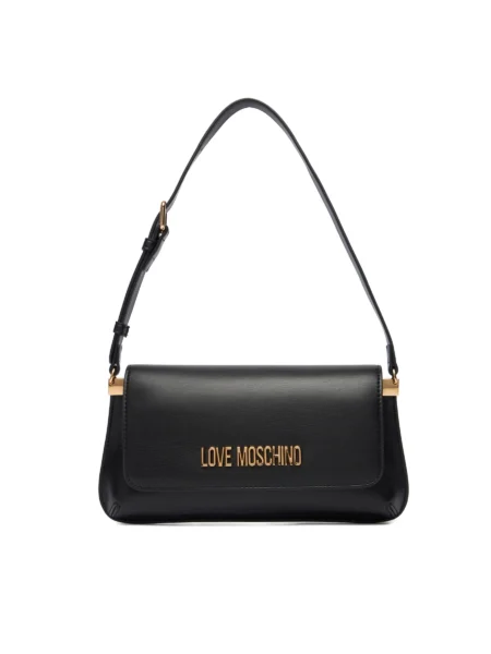 Cartera de Hombro Negra Love Moschino con Solapa y Logo Dorado