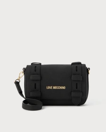 Cartera Crossbody Negra Love Moschino con Hebillas y Logo Dorado