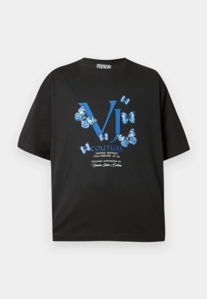 Polera Versace Negra Estampado Mariposas Azul