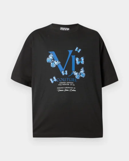 Polera Versace Negra Estampado Mariposas Azul