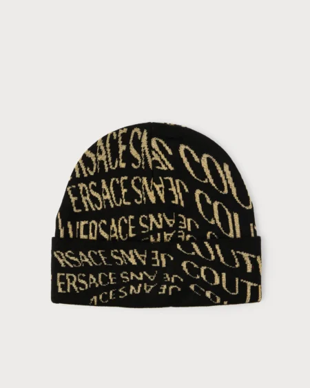 Gorro Versace Negro Tejido Logo All Over Dorado