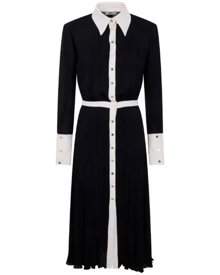 Vestido Camisero Midi Elisabetta Franchi Negro con Detalles Blancos