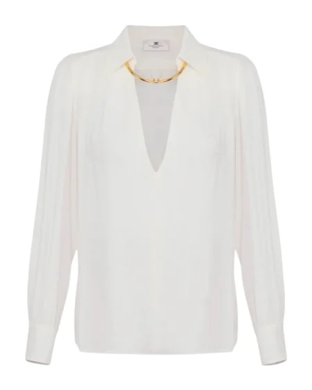 Blusa Elisabetta Franchi Blanca Escote en V con Detalle Metálico