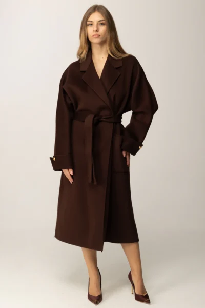 Abrigo Largo Elisabetta Franchi Café con Cinturón y Bolsillos