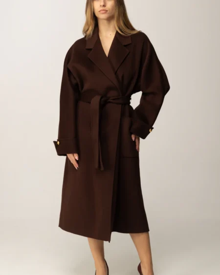 Abrigo Largo Elisabetta Franchi Café con Cinturón y Bolsillos