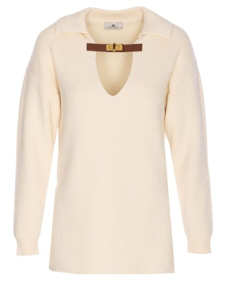 Sweater Elisabetta Franchi Crudo Cuello V con Hebilla Dorada