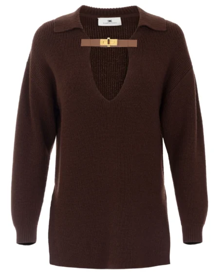 Sweater Elisabetta Franchi Café Cuello V con Hebilla Dorada