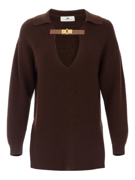 Sweater Elisabetta Franchi Café Cuello V con Hebilla Dorada