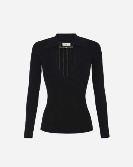 Sweater Elisabetta Franchi Negro Cuello V con Cadena Dorada