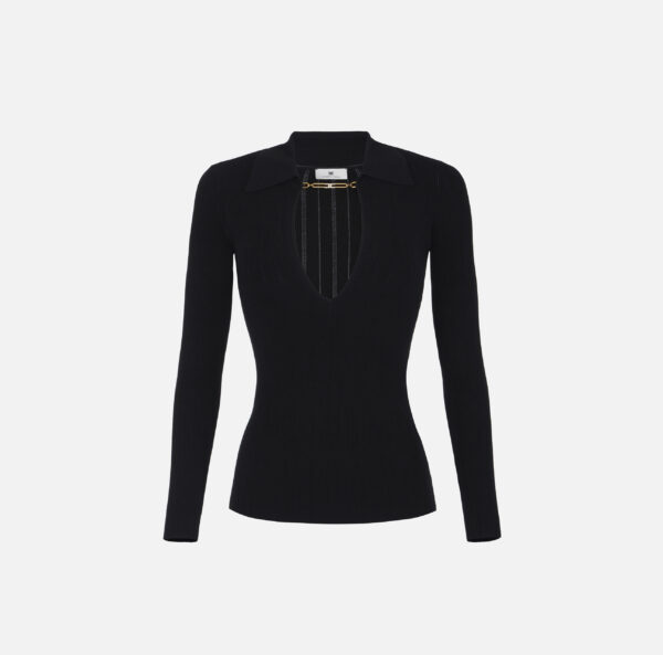 Sweater Elisabetta Franchi Negro Cuello V con Cadena Dorada