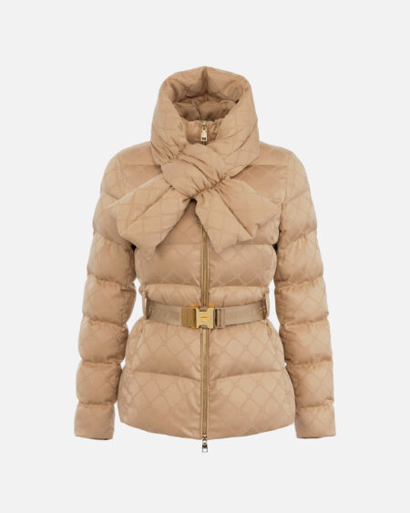 Parka Elisabetta Franchi Beige Acolchada con Cinturón y Detalle Frontal