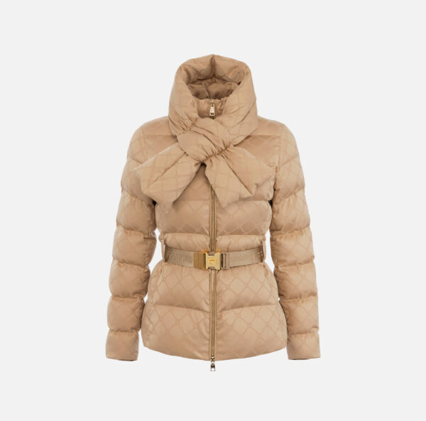 Parka Elisabetta Franchi Beige Acolchada con Cinturón y Detalle Frontal