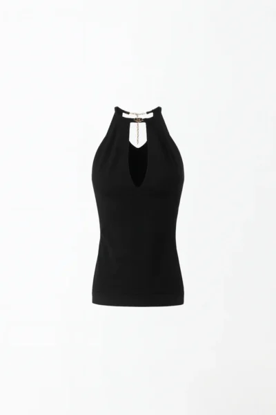 Top Elisabetta Franchi Negro Halter con Detalle Dorado