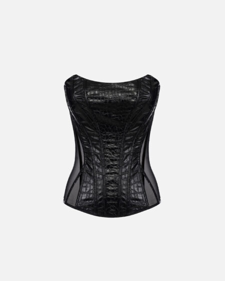 Corset Elisabetta Franchi Negro Efecto Croco con Paneles Translúcidos