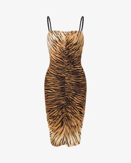 Vestido Midi Moschino Jeans Drapeado con Estampado de Tigre