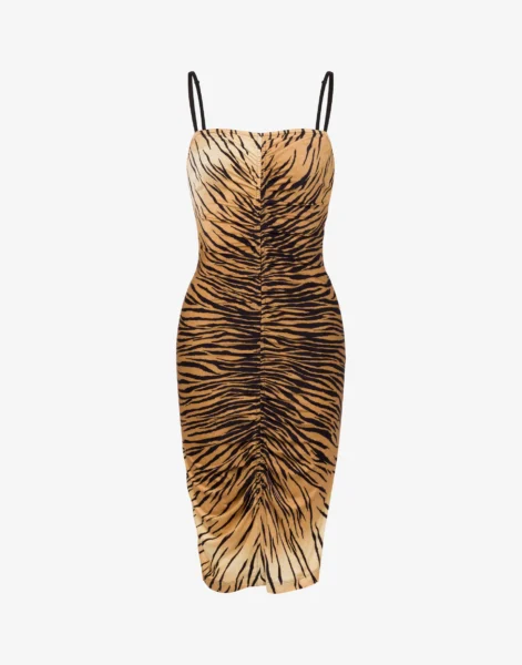 Vestido Midi Moschino Jeans Drapeado con Estampado de Tigre