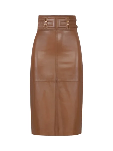 Falda Midi de Cuero Elisabetta Franchi Camel