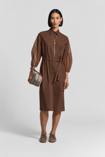 Vestido Camisero Marrón con Mangas Transparentes Peserico