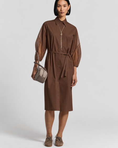 Vestido Camisero Marrón con Mangas Transparentes Peserico