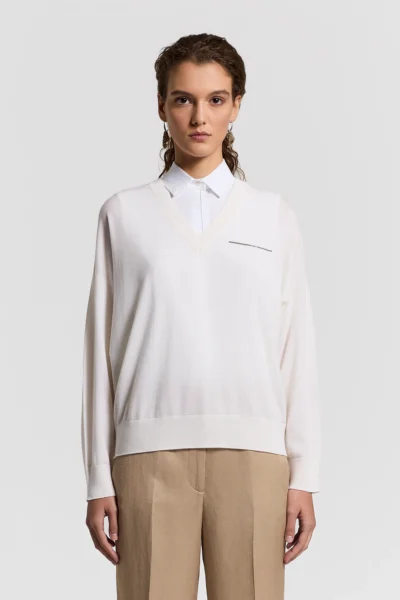 Sweater Blanco con Cuello en V Peserico