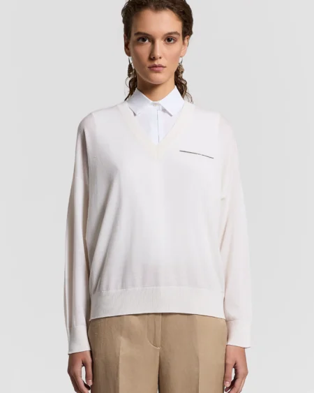 Sweater Blanco con Cuello en V Peserico
